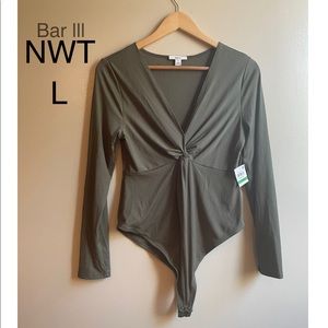 NWT (L)olive green bodysuit twist knot thong snap close pull on long sleeves